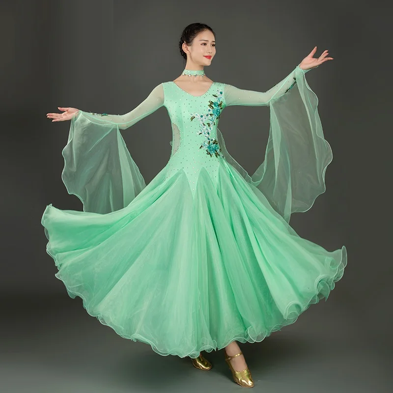 Big Swing Green Ballroom Dance Competition Dress With Rhinestones Waltz Dress Social Dancewear Rumba Costumes Ball Gown 5 Colors