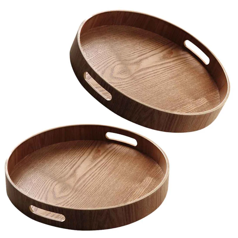 2x Round Serving Bamboo Wooden Tray for Dinner Trays Tea Bar Breakfast Food Container Handle Storage Tray 3 & 1