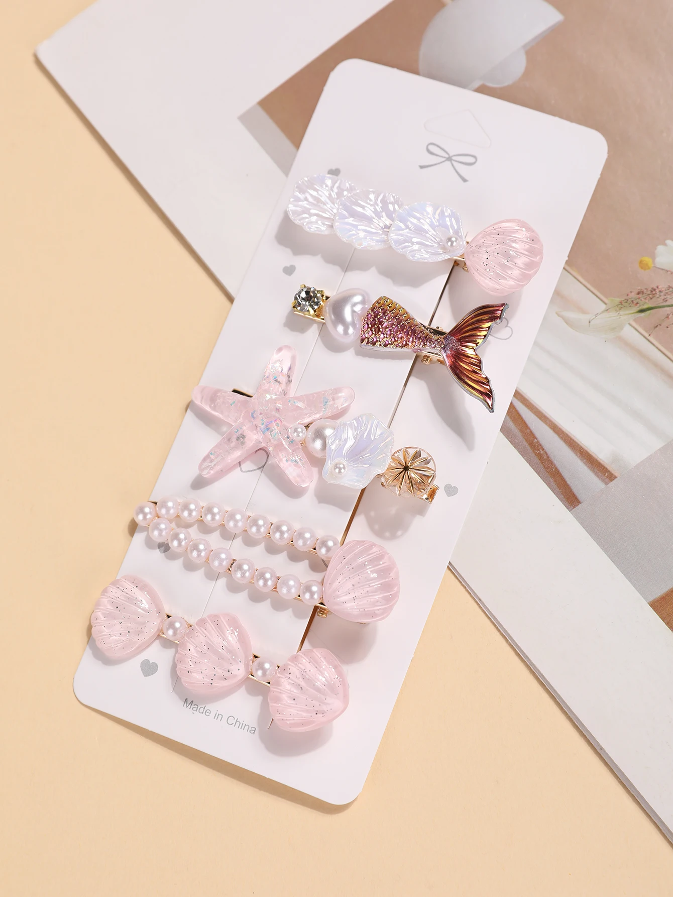 5-teiliges Set Blaue Haaraccessoires im Ozean-Stil - Meerjungfrauenschwanz, Muschel, Seestern und Perlen-Haarspangen - Niedliche Teenager-Seitenknoten-Accessoires – Detail 11