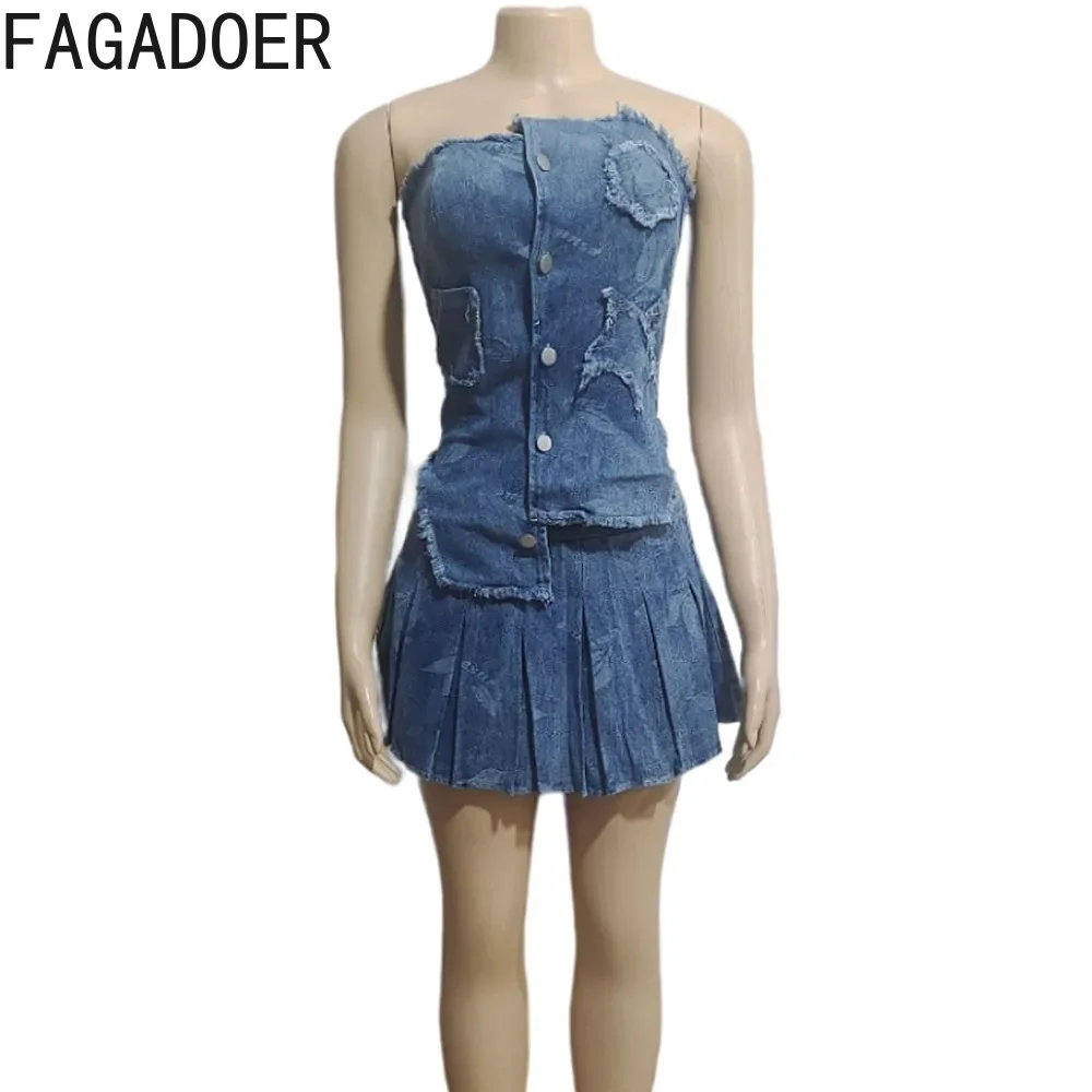 FAGADOER Fashion Patchwork Irregular Denim Two Piece Sets for Women Sleeveless Backless Slim Tube And Pleated Mini Skirts Outfit