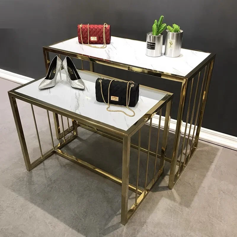 Boutique Store Design Unique Nested Table Set Clothing Shoes Bags Display Tables Golden Metal Nesting Display Table