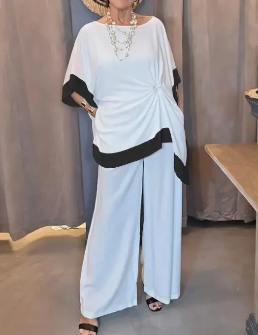 

Women Casual Loose Shirt 2026 Summer Female Colorblock Batwing Sleeve Twist Decor Top Temperament Women's Fashion Pullover Tee