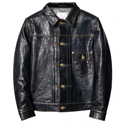 Dark Blue Autumn Leather Jacket Men Japan Casual Style Plus Size 4XL Natural Sheepskin Slim Fit Short Genuine Leather Coat