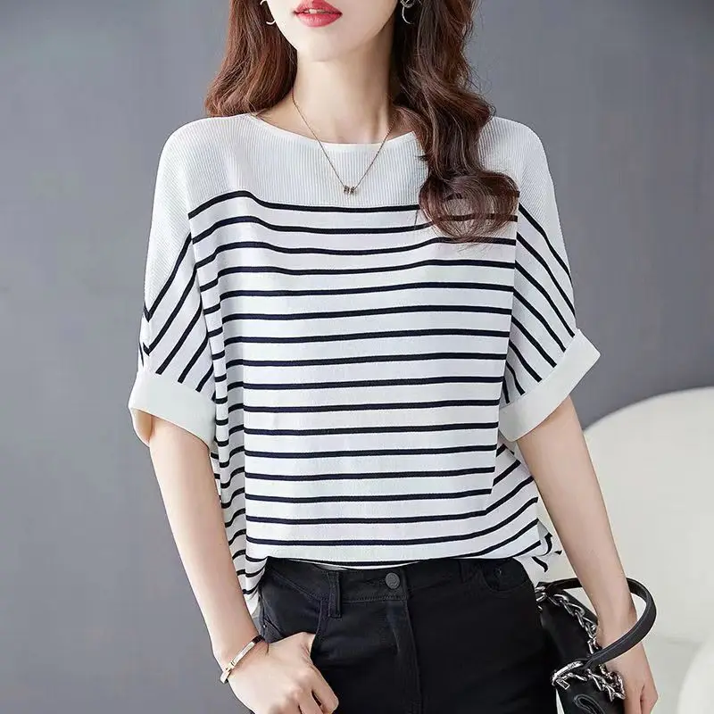 

Women's Clothing Fashion Striped Spliced T-shirt Korean All-match Loose Round Neck Summer Commute Short Sleeve Knitted Pullovers