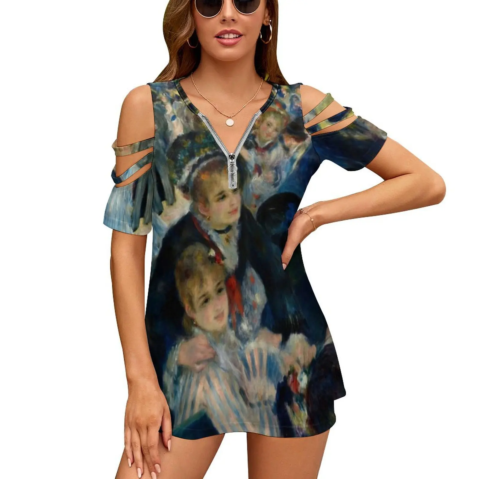 Renoir-Dance At Le Moulin De La Galette , 1876 Women'S T-Shirt New Fashion Printed Zipper V-Neck Short Sleeve T Shirts Casual