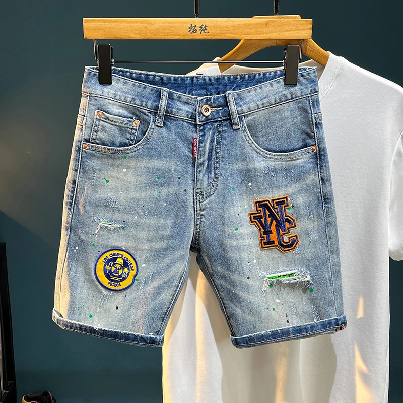 

TC265 Высококачественные рваные джинсы для мужчин, модные брендовые эластичные облегающие джинсы с вышитыми нашивками, аэрозольная краска