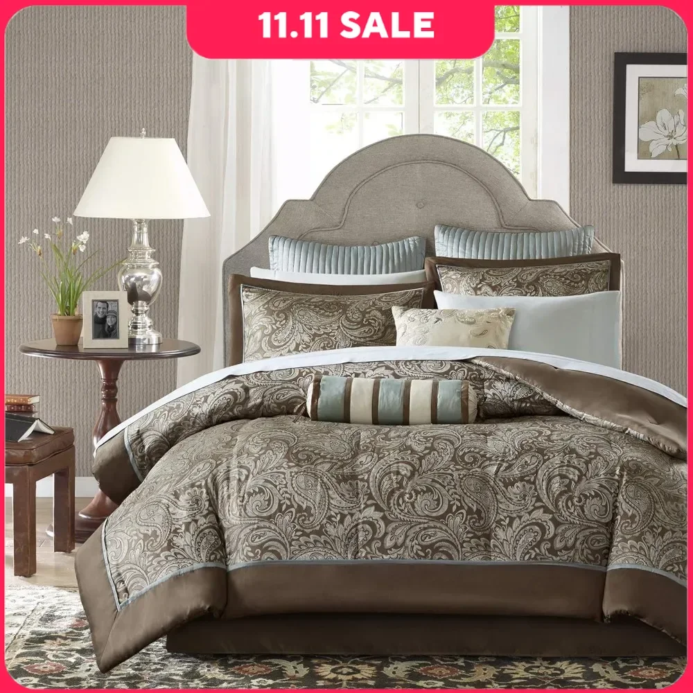 Bedding Set Faux Silk Jacquard Paisley Design - All Season Down Alternative Bedding with Bed Skirt & Toss Pillows, Bed Spread