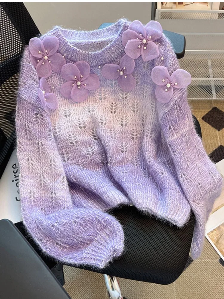

Knitted Pullover Sweater Pulls Femmes Woman Clothing Comfortable Flower Gradient Loose Simple Style All-match Homewear Commuting
