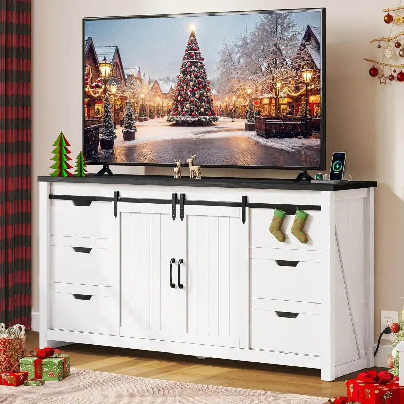 

Farmhouse TV Stand for 65/55 Inch TV with Power Outlets & 6 Drawers, Entertainment Center with Sliding Barn Door and Ad