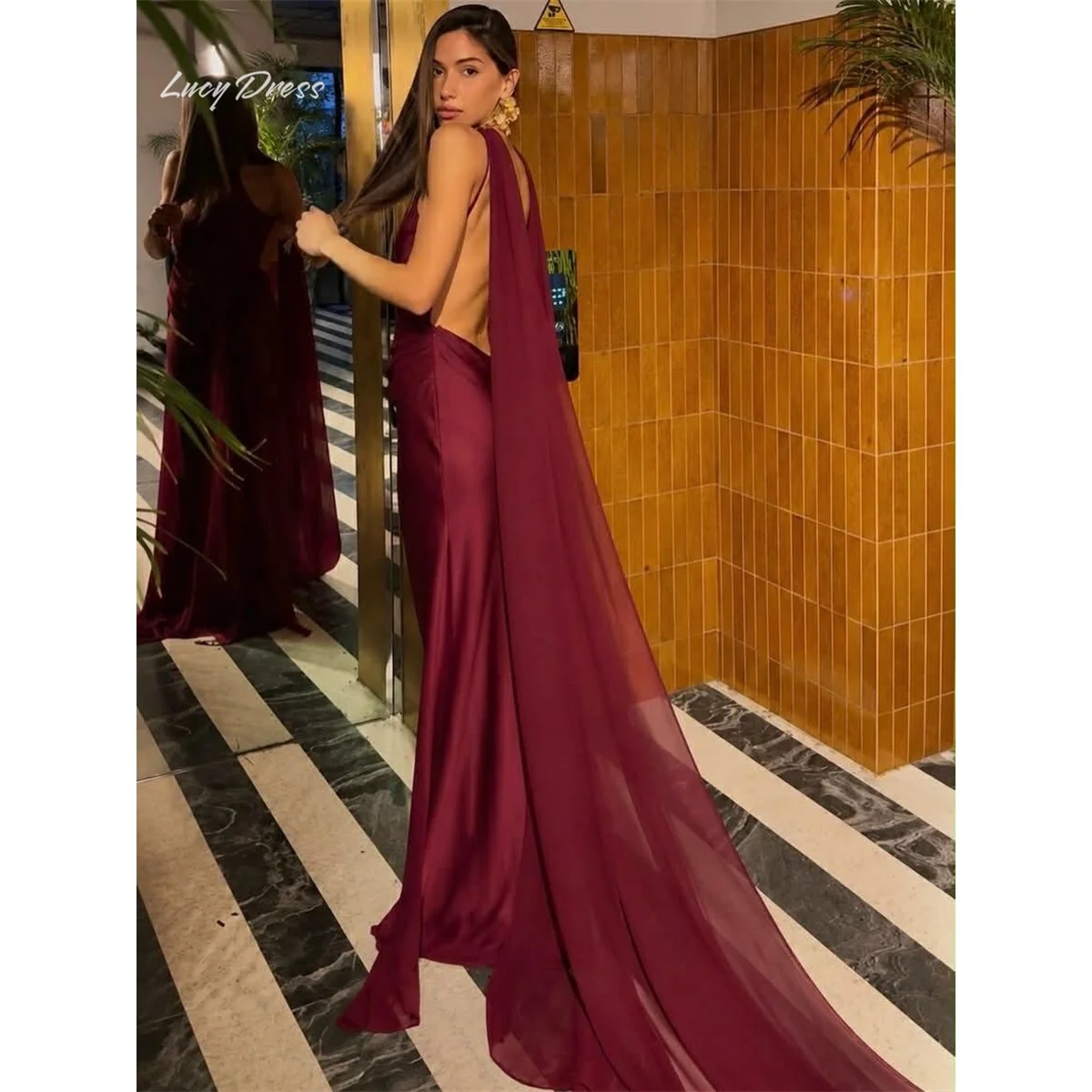 Lucy Burgundy Evening Dresses Straight High Sleeveless Prom Dress Dramatic Watteau Cape Keyhole Cutout Draped Long Customized