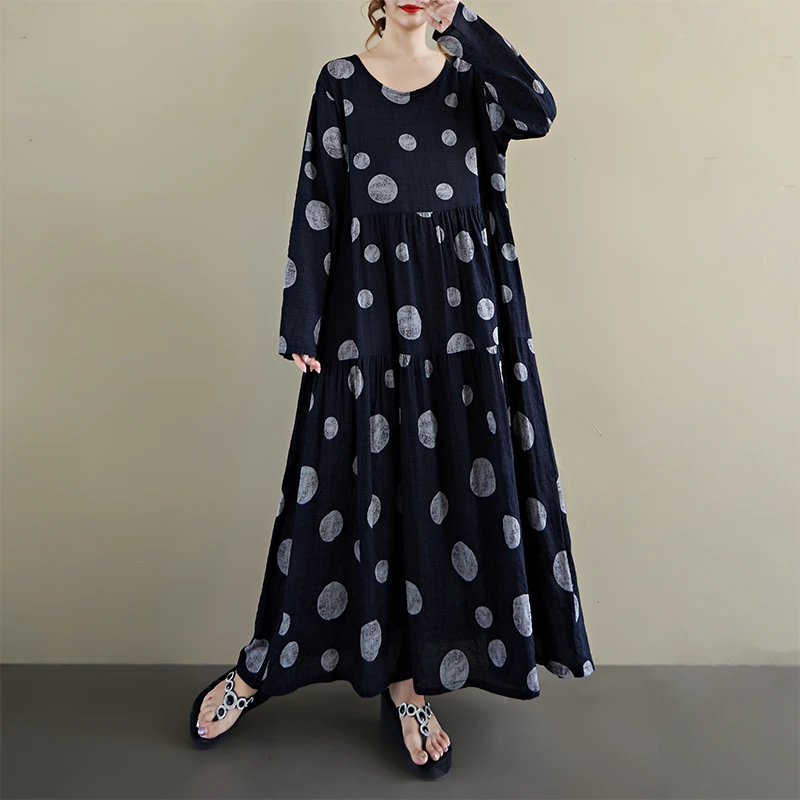 

Платье в богемном стиле с круглым вырезом, длинными рукавами и плиссированной юбкой, одежда для мам, с принтом в горошек, женская осенняя новинка