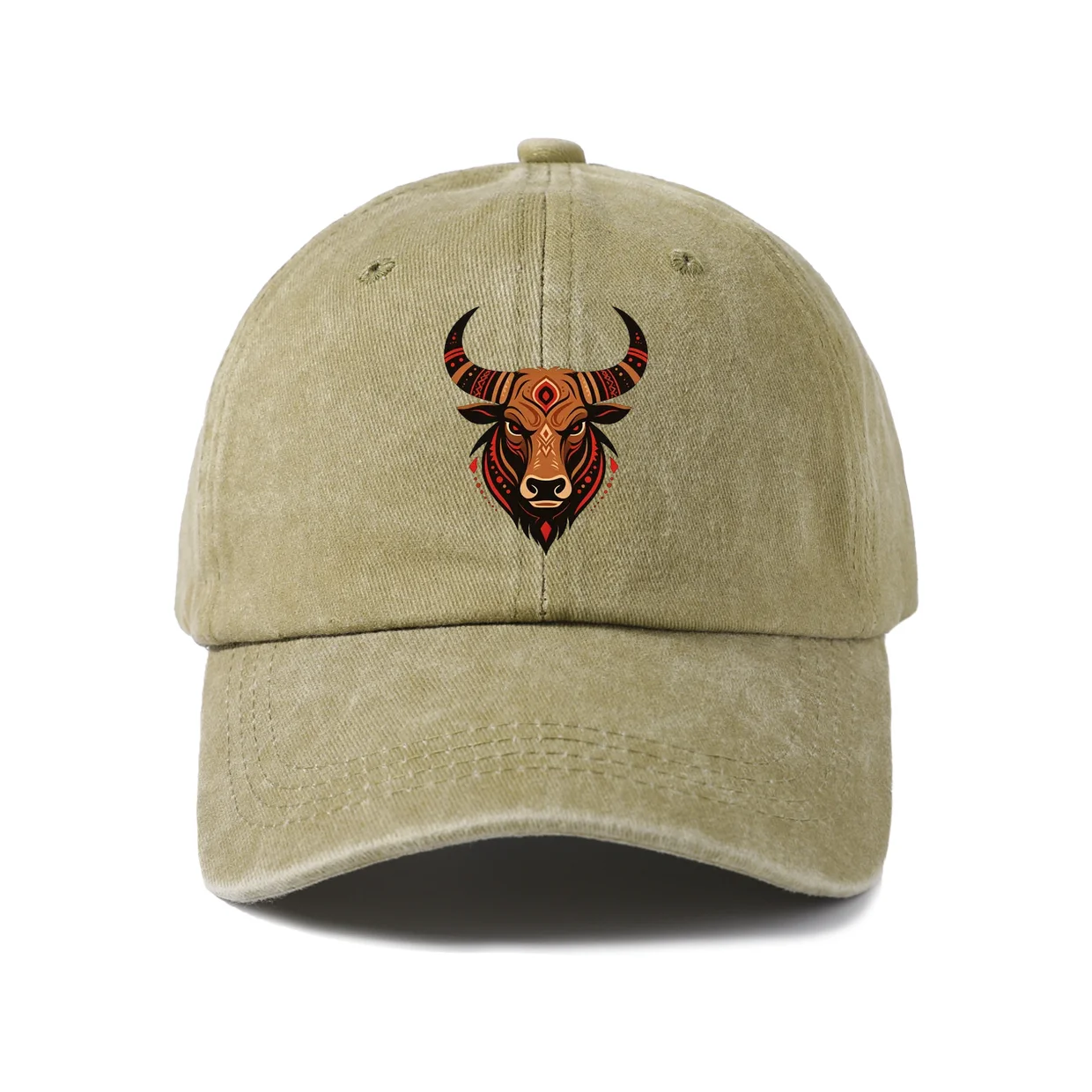 Vintage Washed Tribal Bull Head Baseball Cap, Adjustable Unisex Dad Hat, Western Animal Gift