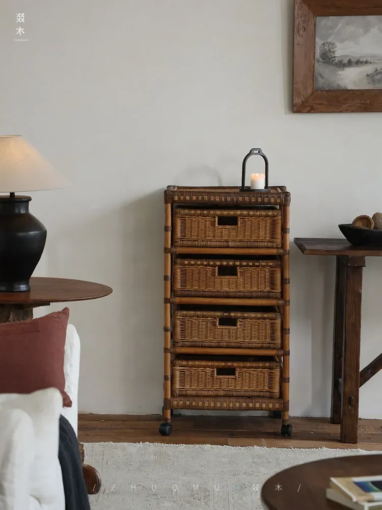 Wood | South East Asia Rattan Art\ Nanyang Retro Style Rattan Storage Cart Moving Side Living Room Bedroom Shelf