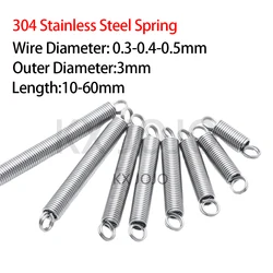 Stainless Steel Pressure Spring 304 Dual Hook Small Tension Spring 0.3/0.4/0.5mm 304 Outer Dia 3mm Length 10-60mm 10pcs