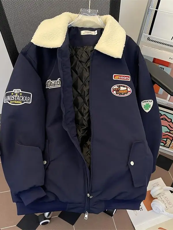 

Thiened American Sle Embroidered Label Cotton Jaet for Men Winter Warm Youth Faion Lamb Fur Collar Coat Polyester Fiber