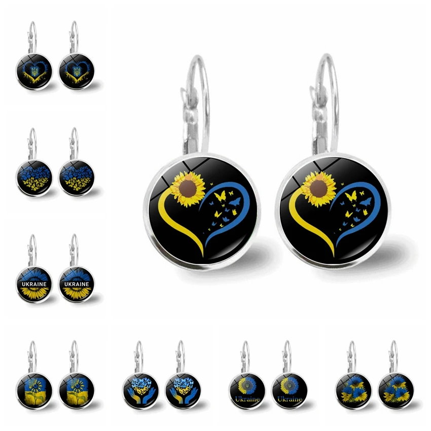 Popular Jewelry Glass Pendant Alloy Earrings Ukrainian Flag Yellow Blue Sunflower Butterfly Girl