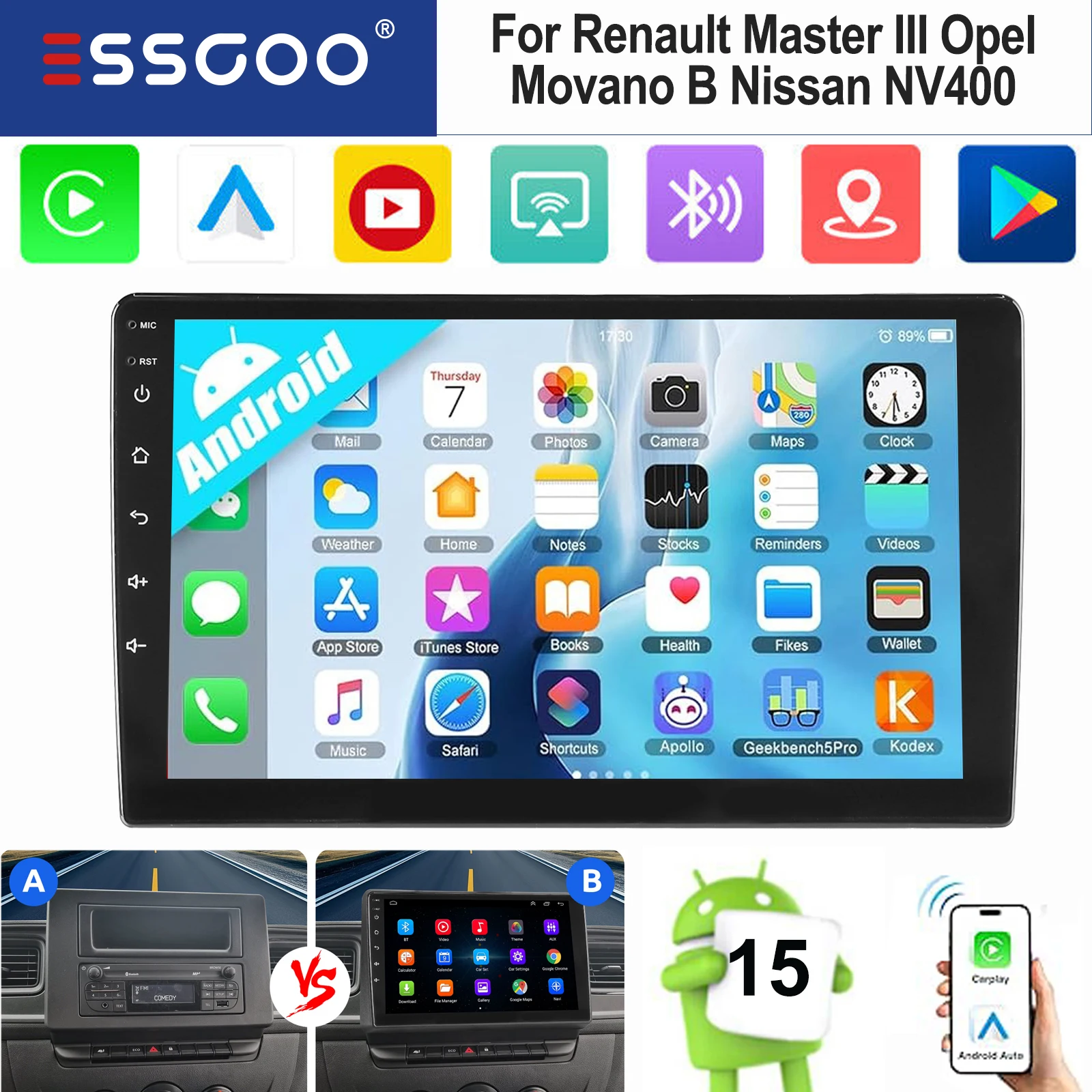 ESSGOO Für Renault Master III Opel Movano B Nissan NV400 2019-2023 Android 15 Wireless Carplay Android Auto GPS Navigation 10 Zoll IPS Touchscreen Autoradio Radio Bluetooth WIFI Lenkradsteuerung RDS