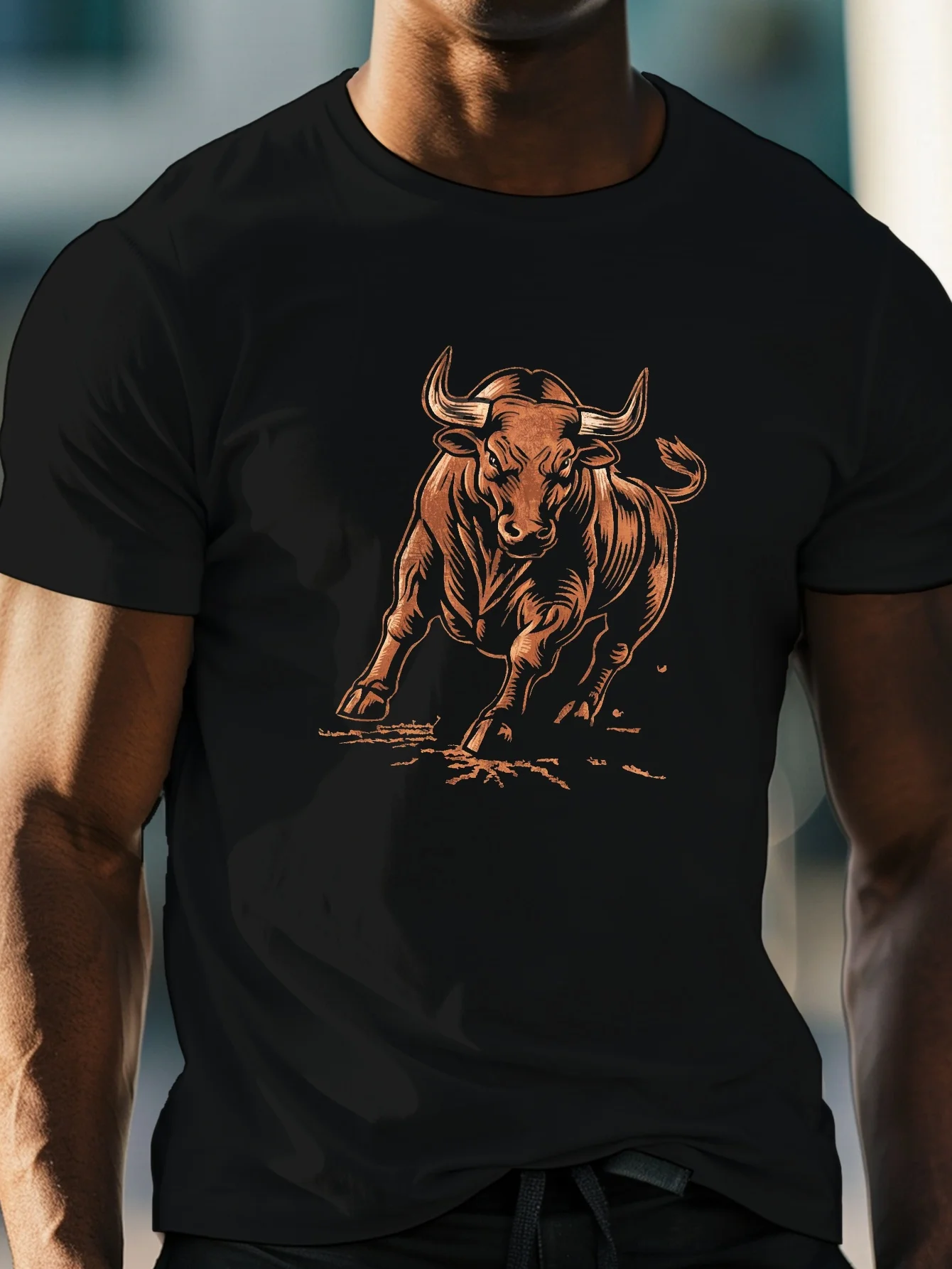 Energy Charging Bull Head Pattern Printed T-Shirt, Men's Round Neck Short-Sleeved T-Shirt, Casual, Comfortable, Lightweight Summer Top