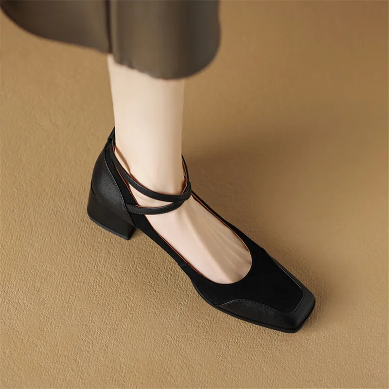 2024 Spring Sheep Suede Women Shoes Square Toe Retro Chunky Heel Women Pumps Mary Jane Shoes for Women Commuter Ladies Shoes