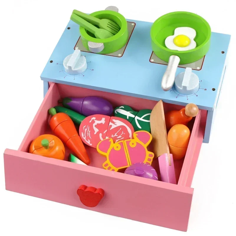 Baby pretend play house toys wooden funny kitchen toy food cooking toys play miniature kitchen set cutting fruit vegetable toys