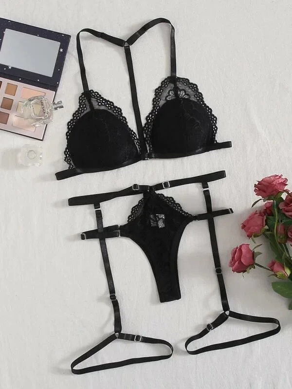 

Sexy Black Lace Erotic Lingerie Women's Summer Sleeveless V-Neck Underwear Set Comfortable Breathable Home Clothes Nightgown