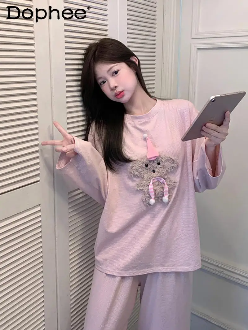 

Женские пижамы из 100% хлопка, весенне-осенние полосатые милые хлопковые брюки с круглым вырезом и длинными рукавами, комплект домашней одежды