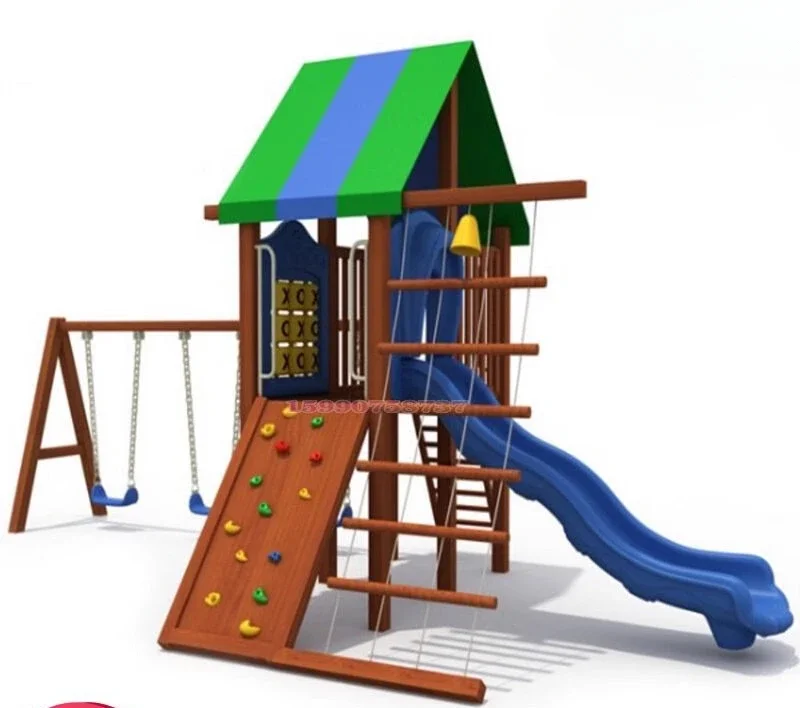 Outdoor Wooden Climbing Frame Swing Set Commercial Grade Toy Swing Sets With Plastic Slide Outdoor Playground