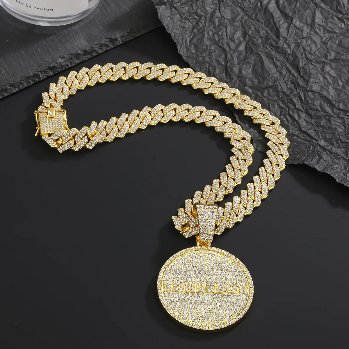 New Hip Hop Full Diamond Round Pendant Necklace Trendy Street Sweater Chain Men's Cuban Chain Neck Chain