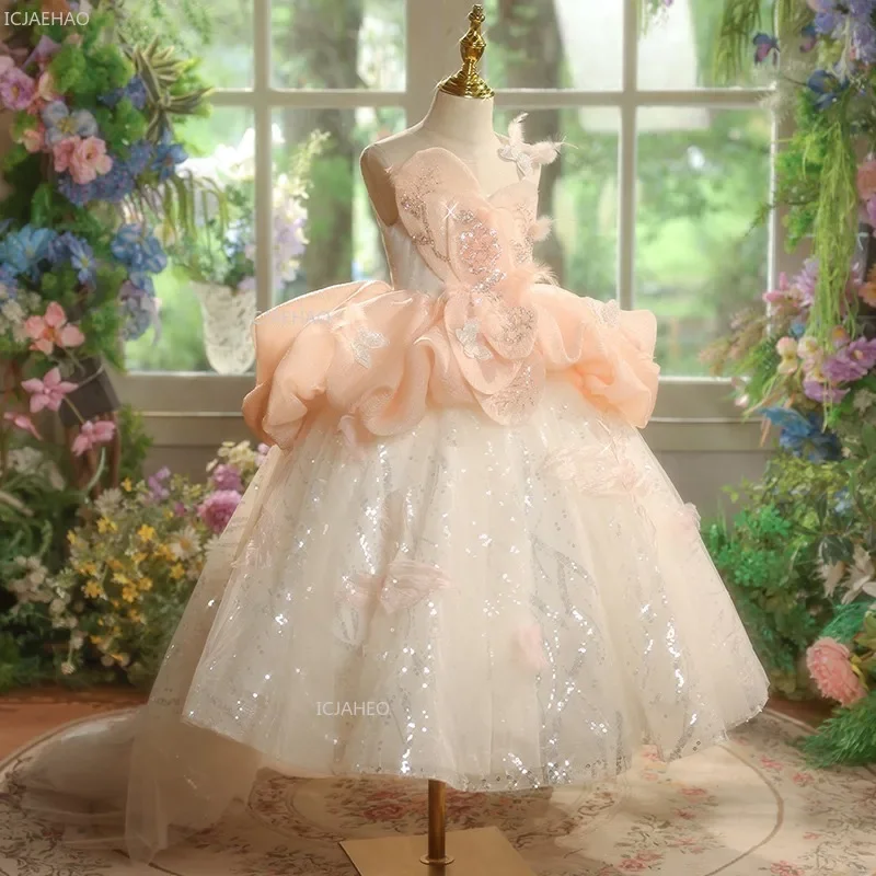 

Girls Puffy Tulle Princess Party Dress with Train for Host Piano Performance Pageant Gown Flower Girl Wedding Children Birthday