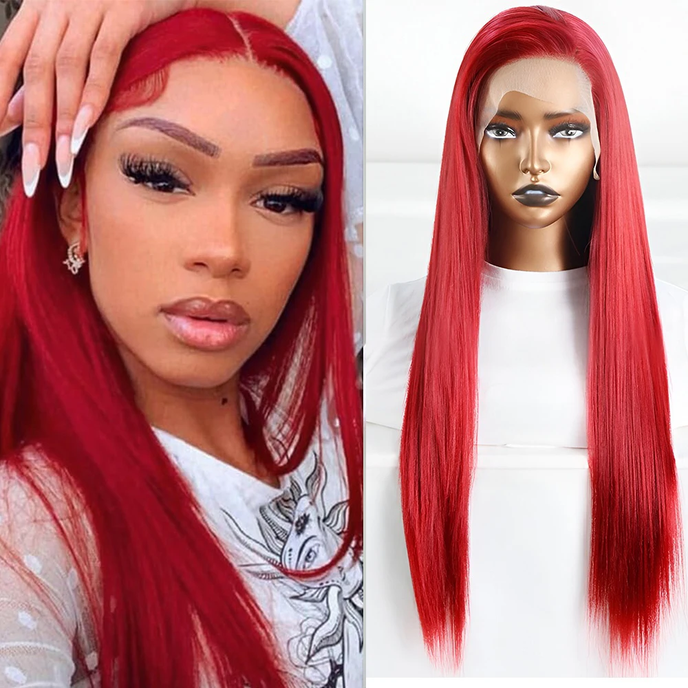 

Long Red Wig Straight Synthetic Lace Front Wigs for Women Dark Red 13x4 Color Hair Lace Frontal Wig Heat Resistant Party Cosplay