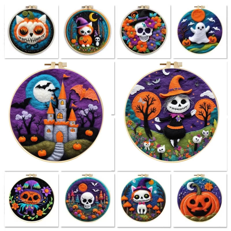 

Wool Felting Painting Frame DIY Wool Embroidery Kit skeletons Halloween DIY Wool Needle Felt Starter Kit Craft Painting Gift