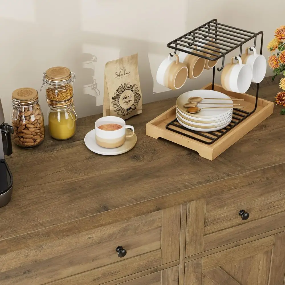 خزانة بوفيه Modern Farmhouse 55 مع أبواب الحظيرة وأدراج تخزين ورفوف، بني ريفي