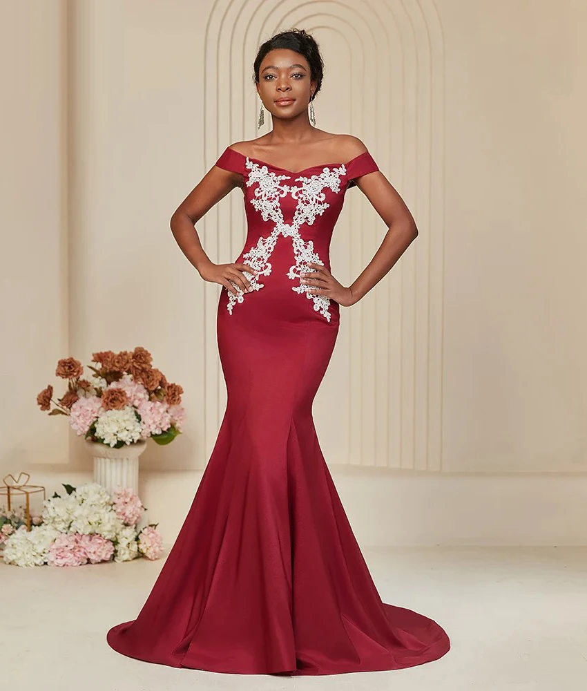 

Customized Sexy Satin Mermaid Off the Shoulder Appliques Evening Dress Delicate Short Sleeves V-Neck Special Occasion Gowns