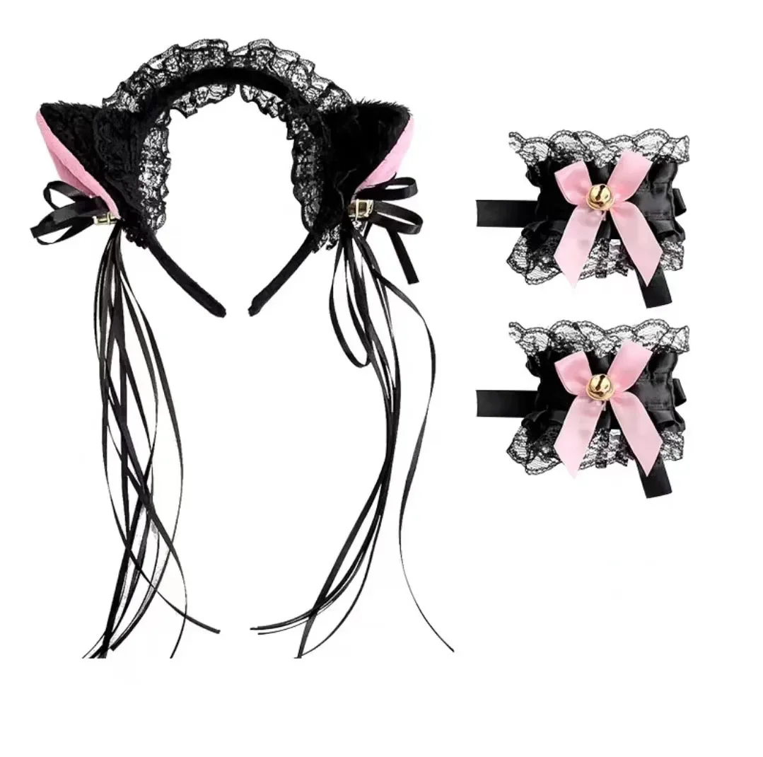 Sexy colar de renda pulseira cauda 4 pçs conjunto bonito menina gato orelha bandana role play acessórios borla cocar vestir-se conjunto