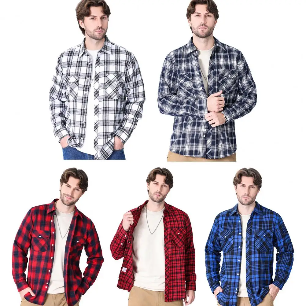 

1Pc Soft Men's Shirt Long Sleeve Plaid Lapel Top Loose Fit Casual Flannel Coat for Spring Autumn Office Party Vacation Home Date