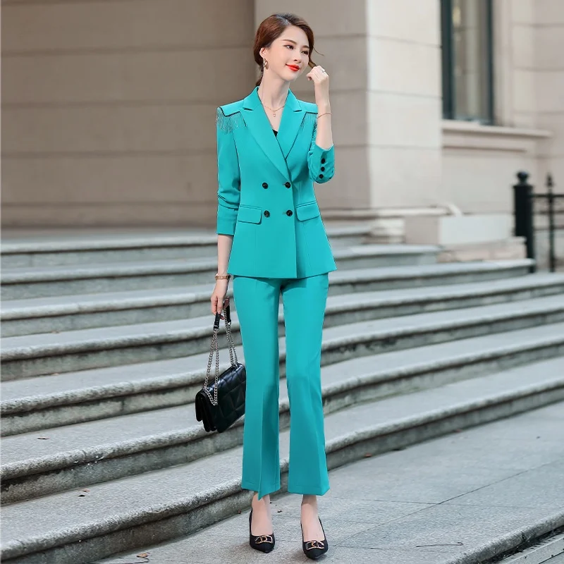 ๏ผjacket and pants )High end women\'s professional suit set, large size, double breasted office clothing