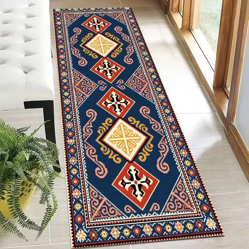 VIKAMA Corridor Retro Persian Medal Long Carpet Anti slip Soft Traditional Flower Carpet Bedroom Home Decoration