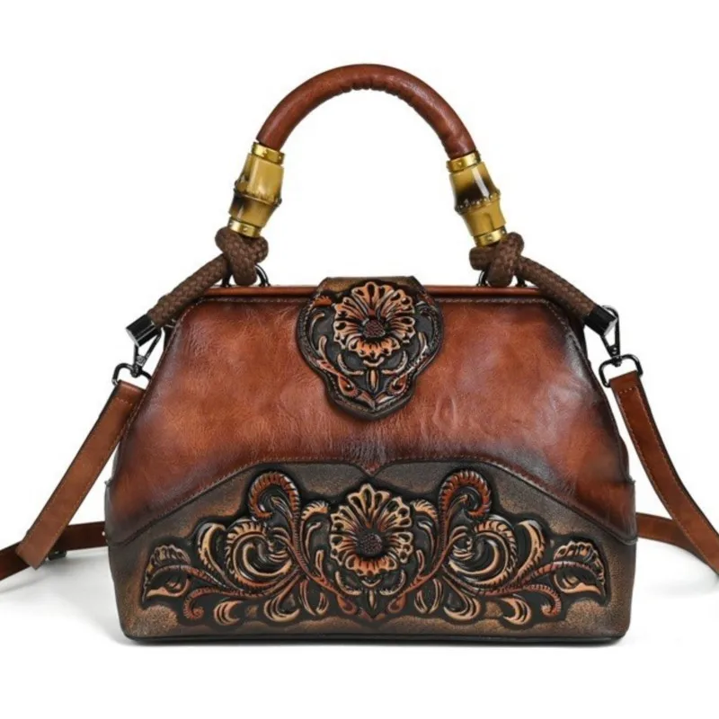 Borsa di lusso Johnature 2024 nuova borsa da donna vintage intagliata in pelle fatta a mano borse a tracolla e a tracolla femminili versatili