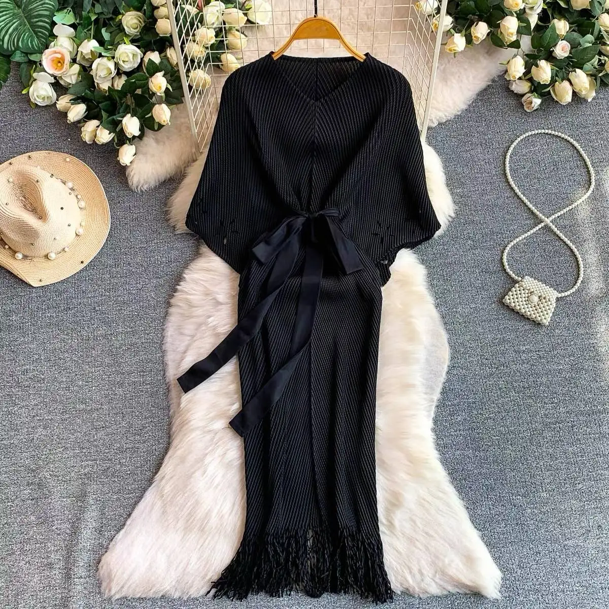 ANLAN Miyaki Pleated Women Dress Fashion Solid Color V Neck Batwing Sleeve Hollow Out Design Lace-up Loose Dresses 2026 New 9A67