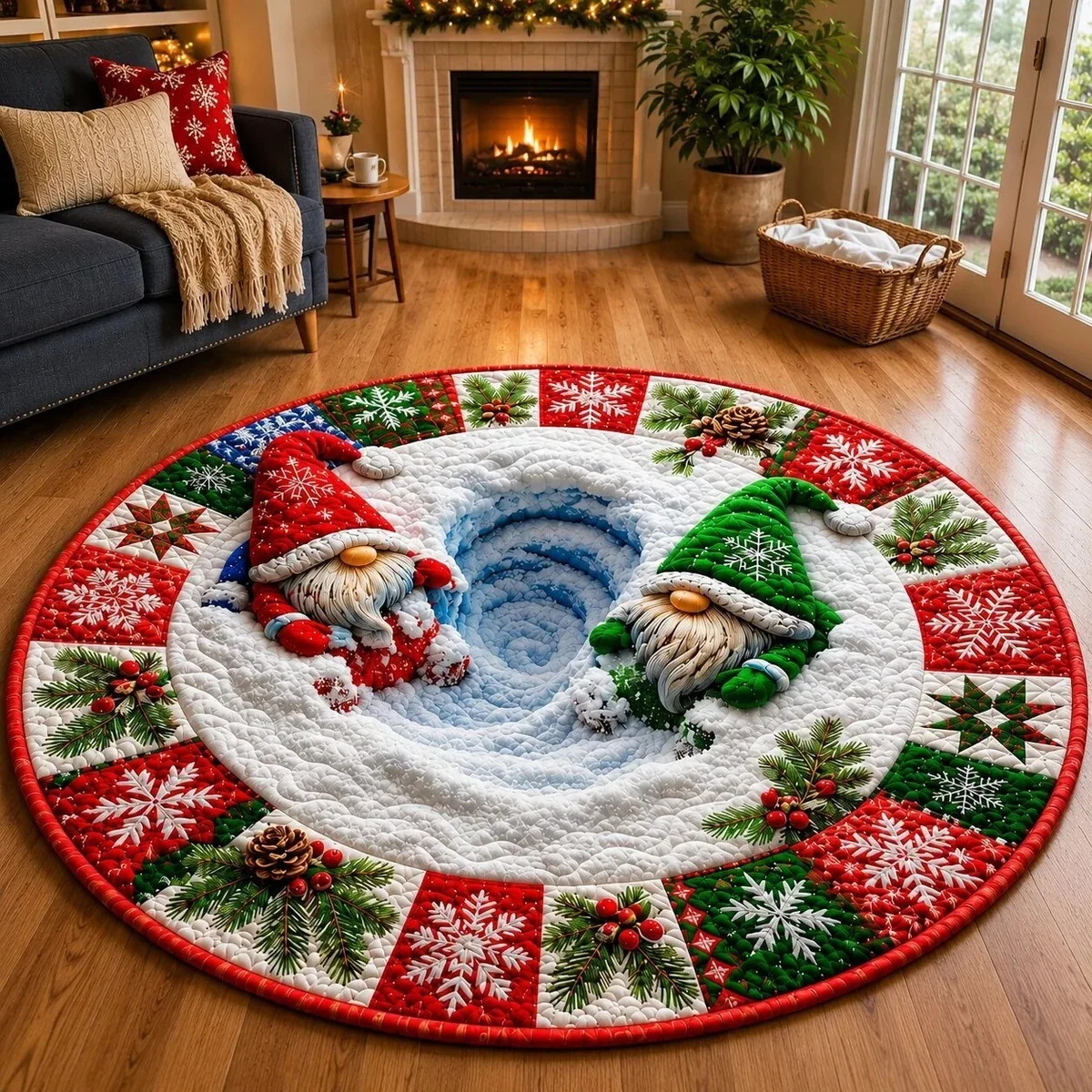VIKAMA 3D Ice Hole Two Gnomes Icy Blue Well Plush Flannel Round Rug Soft Non-Slip Living Room Bedroom Floor Mat Christmas Decor