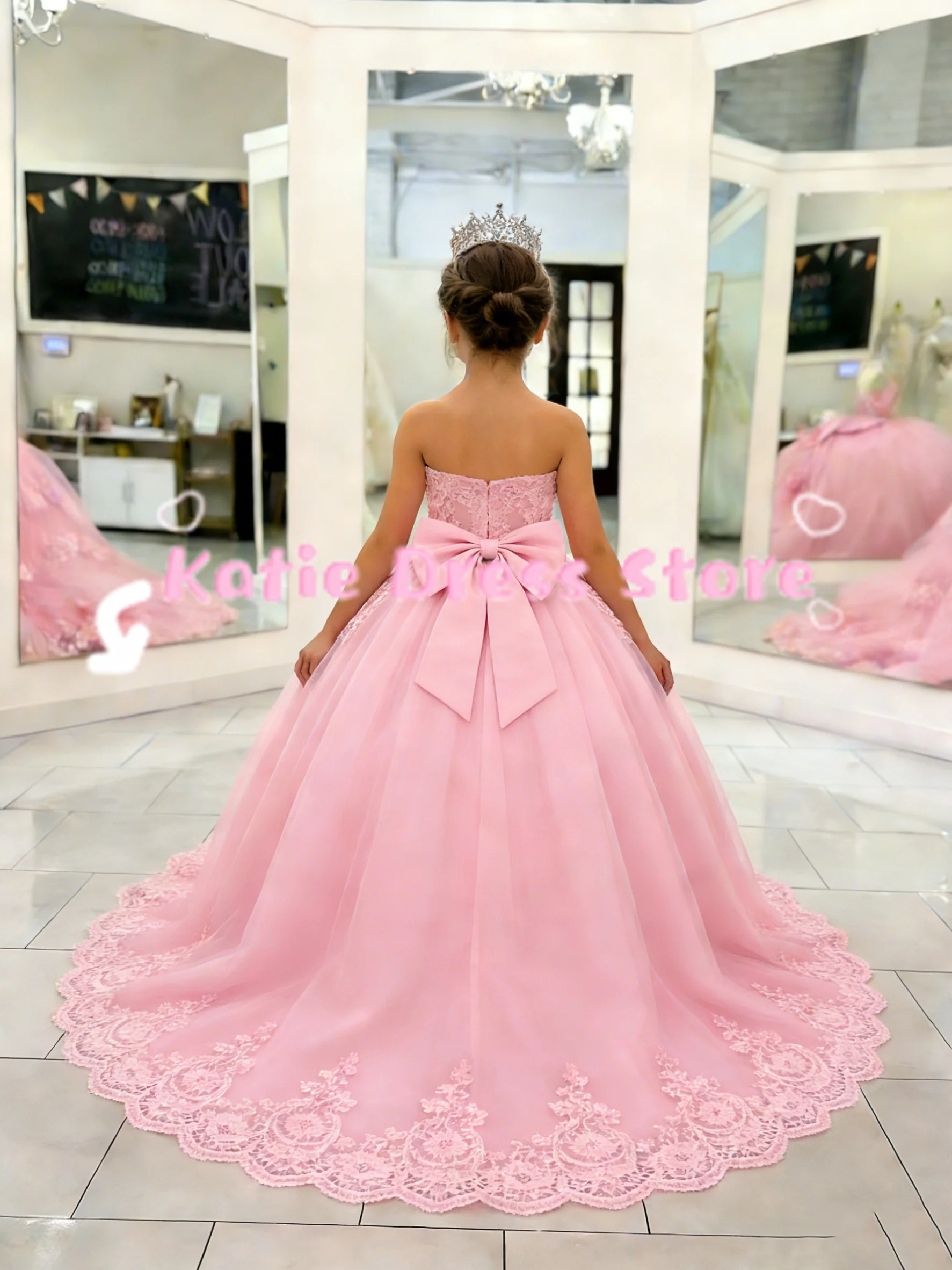 

Customized Pink Flower Girl Dress for Wedding Tulle Lace Applique Princess Kids Birthday Party First Communion Ball Gowns