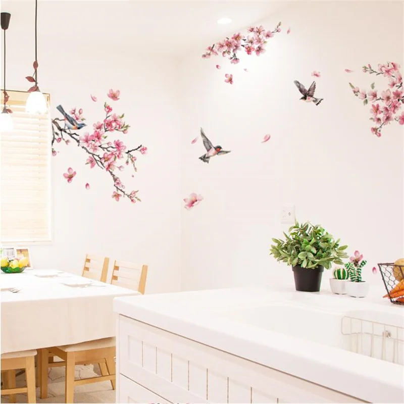 1PCS  Watercolor Birds On The Plum Blossom Branches Flower  Wall Stickers For Bedroom Living Room  Home Decoration Self Adhesive
