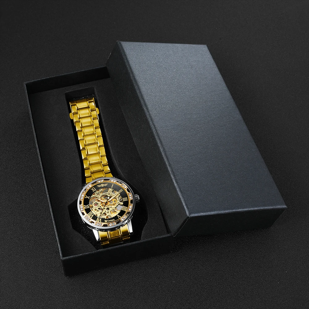 T-WINNER Luxury Men's Watches Skeleton Mechanical Luminous Pointers Engraving Rhinestone Fashion Casual Golden Man Wristwatches