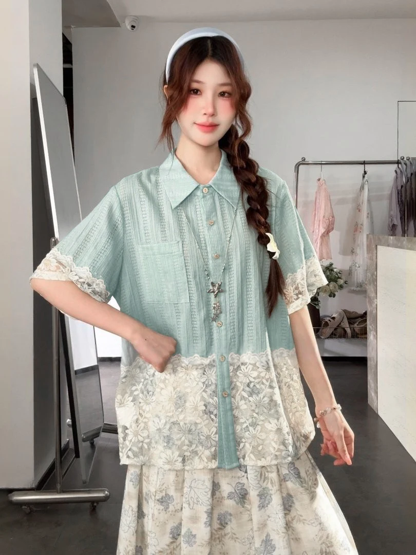 

plus Size Lace Splice Short Sleeve Shirt Women Summer Loose Slimming French Style Casual Shirt for Young Women Open Cardigan