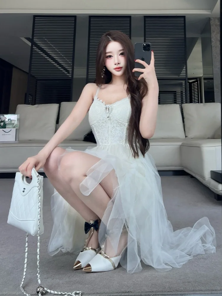 Elegant Off-Shoulder Lace Midi Dress Women Summer Design Asymmetrical Gathered Waist Fairy Long Skirt Breathable Polyester Fa...