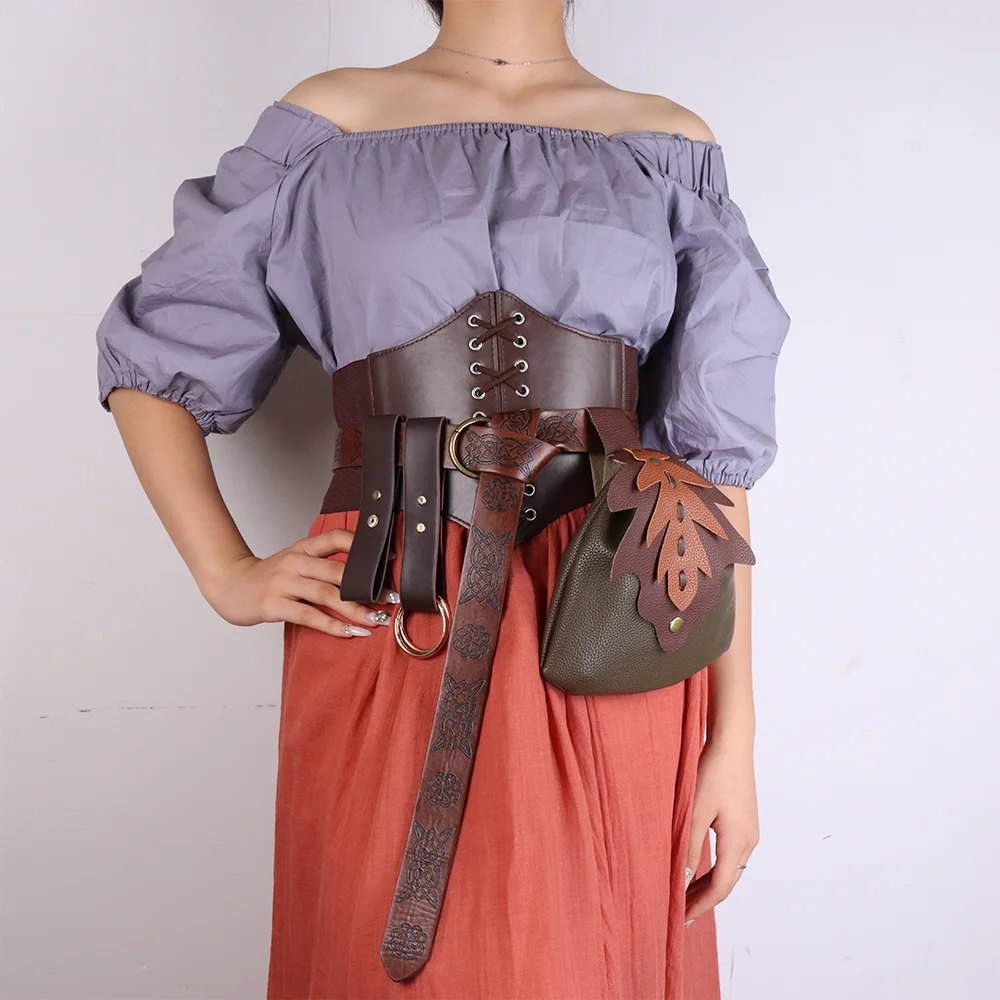 Cinturón de cintura de falda marrón Vintage para mujer, Clip de falda de senderismo al aire libre, cinturón de estampado Medieval con forma de hoja, bolsa de cintura LARP, 5 piezas