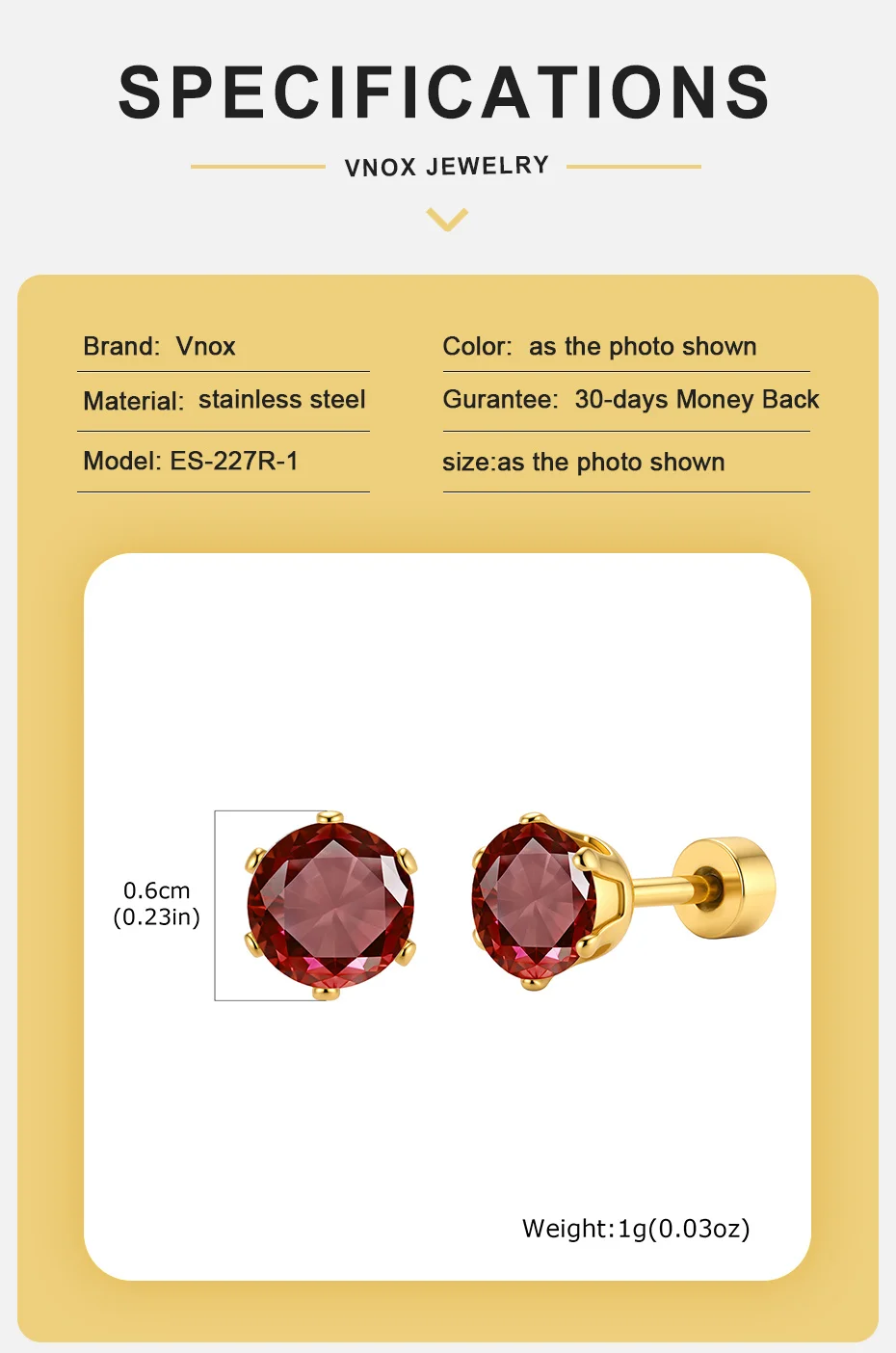 Vnox Vergoldete Bunte Zirkonia-Ohrstecker für Damen, Edelstahl-Geburtsstein-Ohrringe, Statement-Schmuck, Allergiefrei – Detail 4