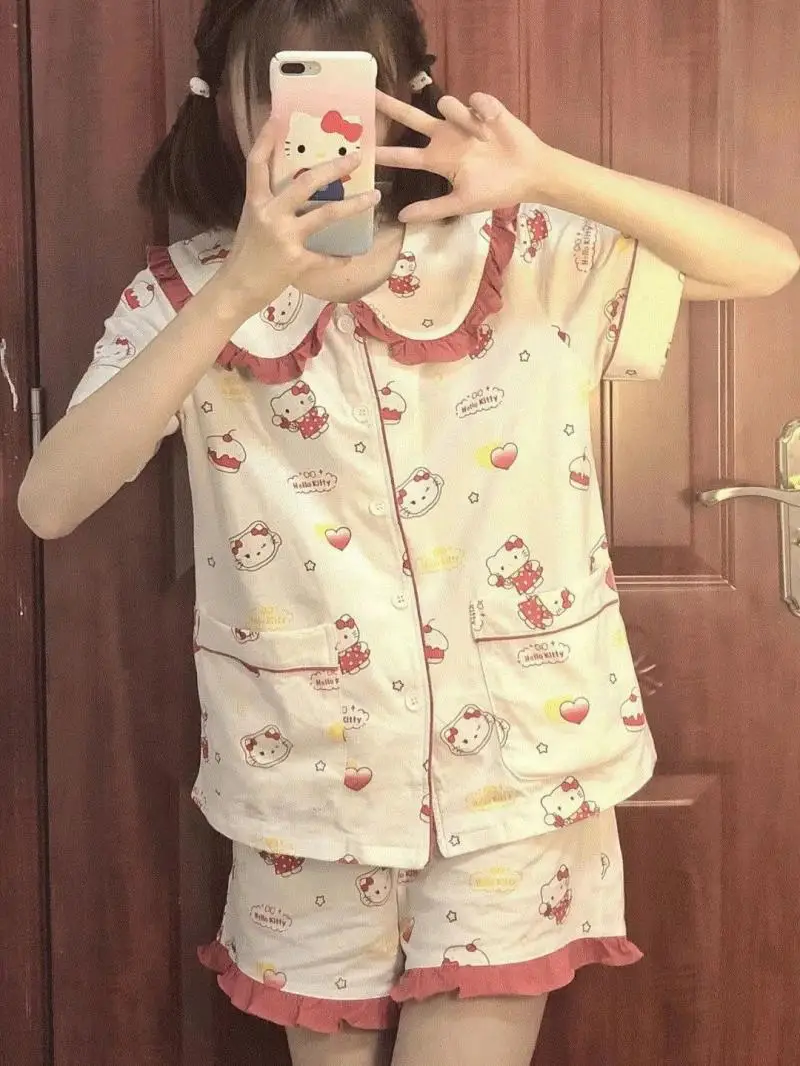 

Anime Hello Kitty Cinnamoroll Summer Women's Pajamas Cardigan Short Sleeve Shorts Suit Sweet Cute Doll Collar Home Clothes