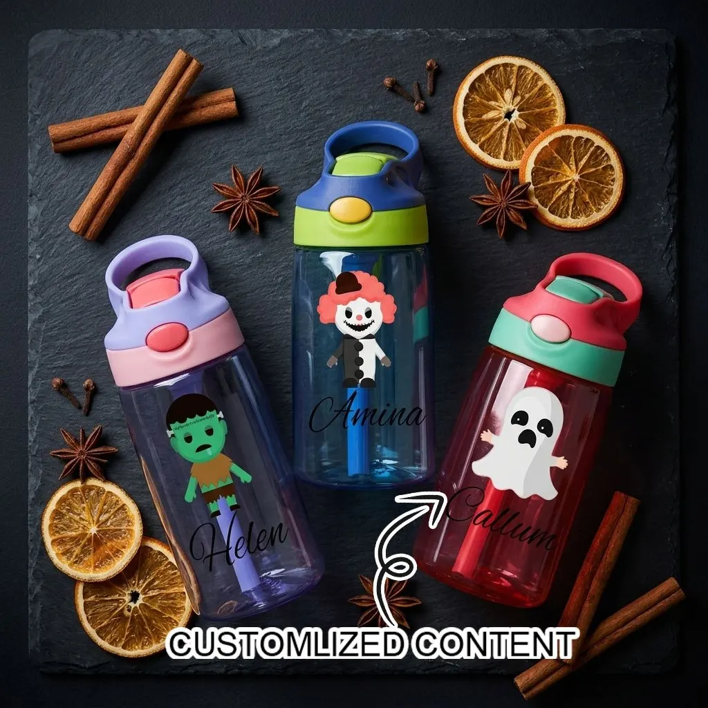 1. Kids Water Bottle Custom Name Halloween Ghost Clown Frankenstein Cartoon Print Toddler Straw Cup Halloween Party Favor Gift.