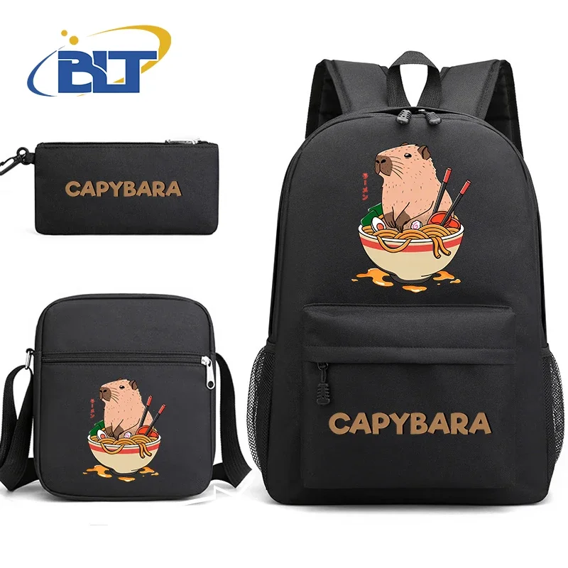 Cute capybara cartoon animal print student backpack set black backpack shoulder bag pencil case 3-Piece Set for boys and girls